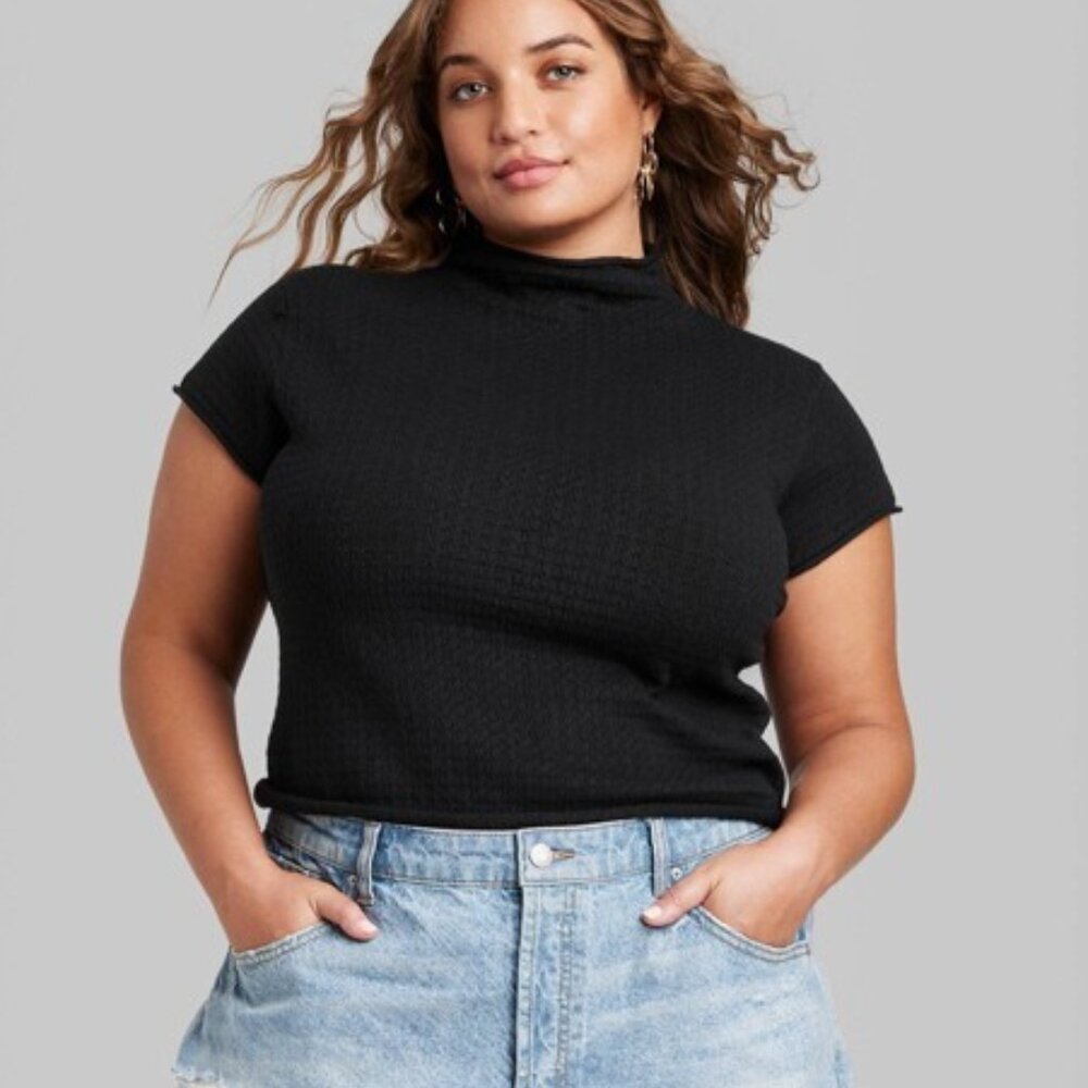 NWT Short Sleeve Mock Turtleneck Pointelle Pullover Sweater Wild Fable Black